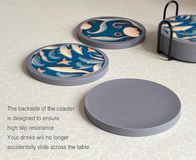 Absorbent Coasters for Drinks with Holder - 6packs, Silicone Coastes with Soft Felt Insert (4.3 inch Coasters with 4.5 inch Holder, Dual-Sided Ocean -Themed Patterns)