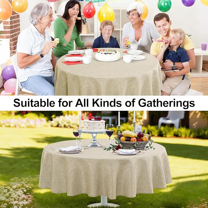 JIUZHEN Round Table Cloth Faux Linen Farmhouse Tablecloth Wrinkle and Stain Resistant Decorative Fabric Table Cover for Kitchen, Dining Room, Parties and Camping, Beige, 80 Inch Round