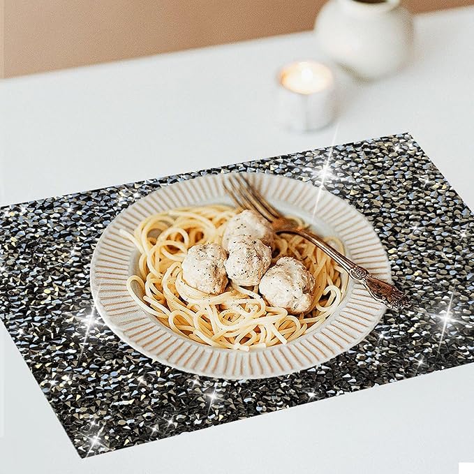 Black Square Placemats - Heat Resistant Mat Set of 2 with Rhinestone Decor and Sparkly Bling
