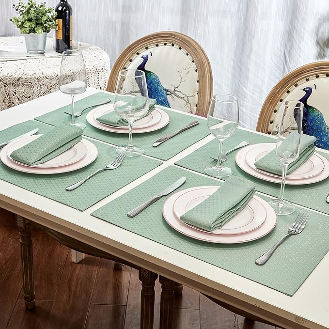 Place Mats Set of 8 – Rectangle Rectangular Waterproof Fabric Polyester Cloth Washable Wipeable Heat Resistant Placemats for Kitchen Dining Dinner Table Indoor 13 x 19 Inch Sage Green