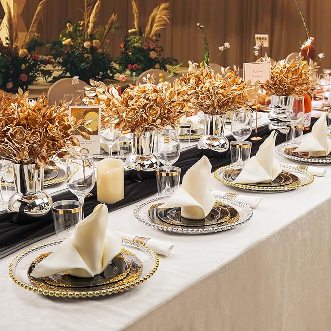 Hioasis 175pcs Black and Gold Plates - Black Party Plates for 25 Guest, Include 50 Heavy-duty Plates(20% Thicker Than Standard), 75 Cutlery Set, 25 Napkin, 25 Cups