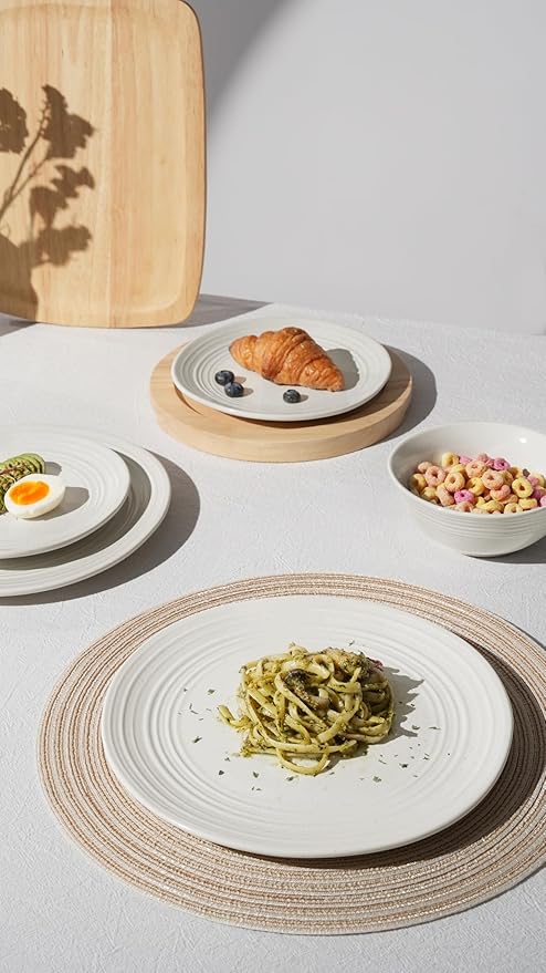 Famiware Plates and Bowls Sets 24-Piece Stoneware Dinnerware Sets, Dishes Set for 8, Speckled Hand-made Reactive Glaze Dish Set, Twilight Series, White