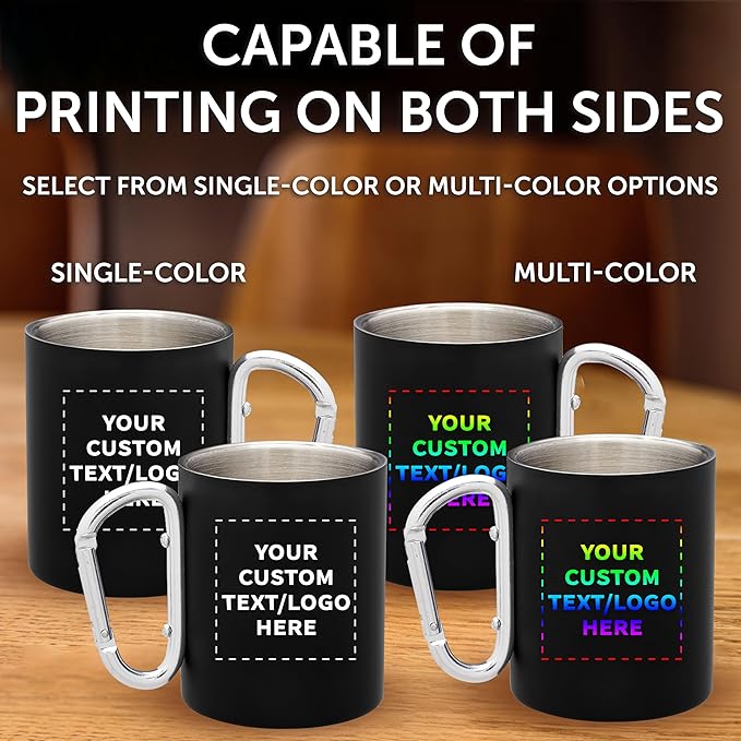 Custom Stainless Steel Mugs with Carabiner Handle 10 oz. Set of 10, Personalized Bulk Pack - Perfect for Coffee, Soda, Other Hot & Cold Beverages - Black