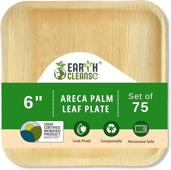 Compostable Palm Leaf Plates 6 Inch Square (75 Pack) | Disposable Biodegradable Plates Like Bamboo & Wooden | Microwave & Oven Safe | Eco-Friendly