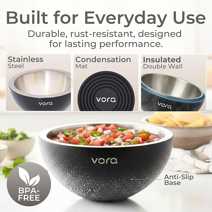 Vora 18oz Dip Chiller Bowl | Black Stainless Steel Chilled Dip Bowl for Dips, Guacamole, Hummus, Salsa | Insulated Serving Dishes with Easiest Water Fill & Refillable Chamber