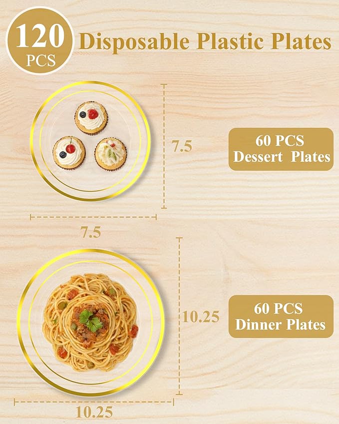 Quatish 120 Pcs Gold Rim Disposable Plastic Plates for Party,Wedding Plate Includes 60 Pes 10.25 Inch 60 Pes 7.5 Inch Heavy Duty Dinner & Dessert Plates, Perfect for Festivals,Picnics,in Clear