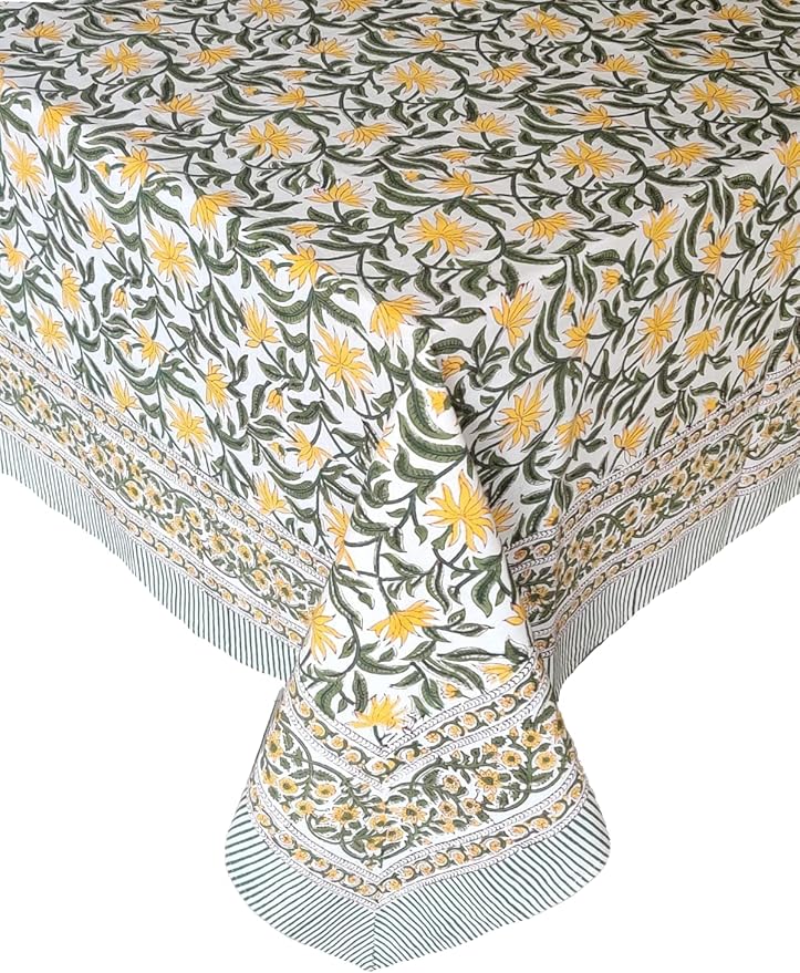 ATOSII 'Noor' 100% Cotton Boho Rectangle Tablecloth, Handblock Floral Print Linen Table Cloth for Dining Table I Tabletop I Parties/Outdoor I Wedding I Spring/Summer (60" X 108")