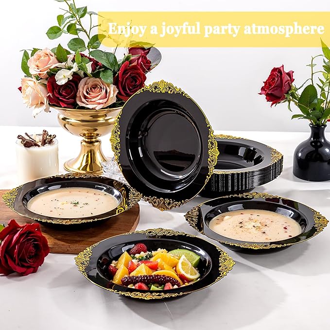 100PCS Black Plastic Bowls - 12 oz Black Gold Disposable Salad Bowls - Heavy Duty Soup Serving Bowl - Fancy Plastic Candy Bowl for Weddings, Parties, Dinners, Catering, Picnics, Party