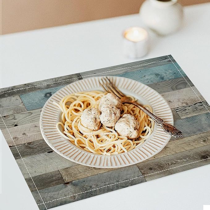 Rustic Plank Placemat Set, Vintage Old Shabby Colorful Beige Brown Blue Farmhouse Barn Wooden Board Pattern Home Decor Linen Table Mats for Dining Room Kitchen Party (17x12in) x6P