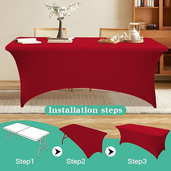 6FT Table Cloth for Rectangular Fitted Events Stretch Red Table Covers Washable Spandex Tablecloth Protector for Party, Wedding, Cocktail, Banquet, Festival
