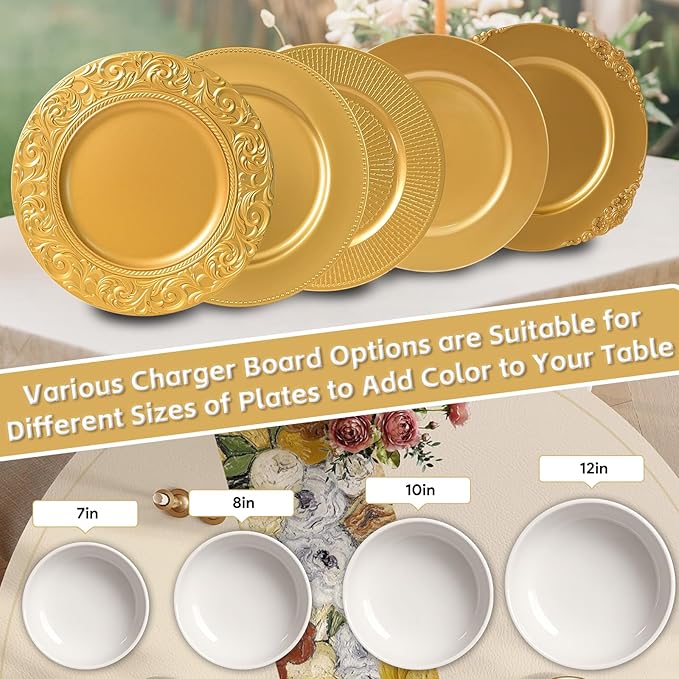 PROY Antique Charger Plates Set, 50 Pcs 13in Plastic Embossed Gold Chargers for Dinner Plates, Round Floral Gold Chargers for Table Setting, Wedding, Party, Event