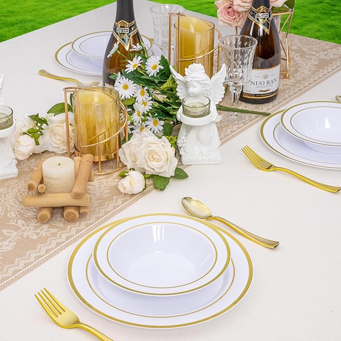 100pc Disposable Soup Bowls with Gold Rim,12oz Disposable Soup Bowls,Disposable Soup Dessert Salad Bowls for Wedding/Party/Catered Events