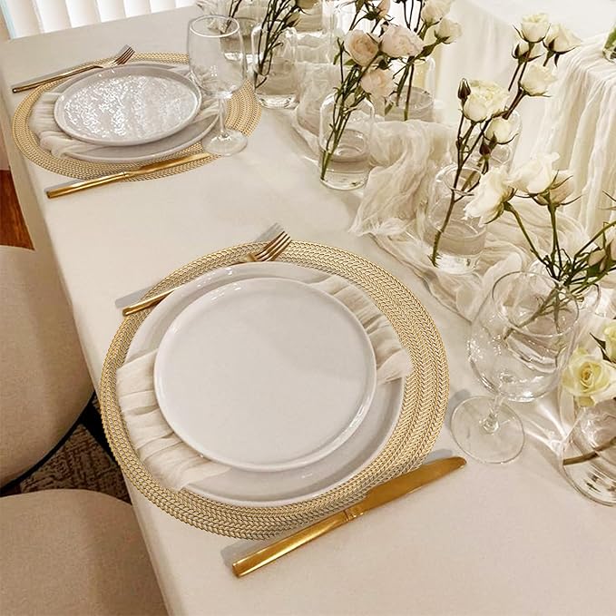 FAVE 10PCS Gold Vinyl Round Placemats, Wheat Sheaf Design 15 Inch Placemats Set of 10 Washable for Dining, Events, Banquet, Home & Daily Use (Gold Wheat,10pcs)