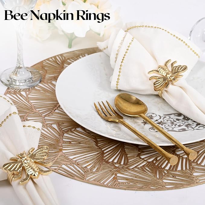 ALPHA Living HOME Decorative Bee Napkin Rings - 12 Pcs Elegant Metal Napkin Ring Modern Cloth Napkin Holders for Table Kitchen Dinner Decor Party Wedding Everyday Use (Gold)