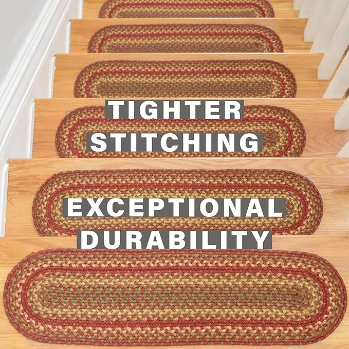 Homespice Cider Barn Jute Braided Stair Treads for Wooden Steps, Country Primitive Decor, Set of 13, Red 8x28 Rectangle Rugs for Stairs - Easy to Clean, Tightly Stitched and Durable