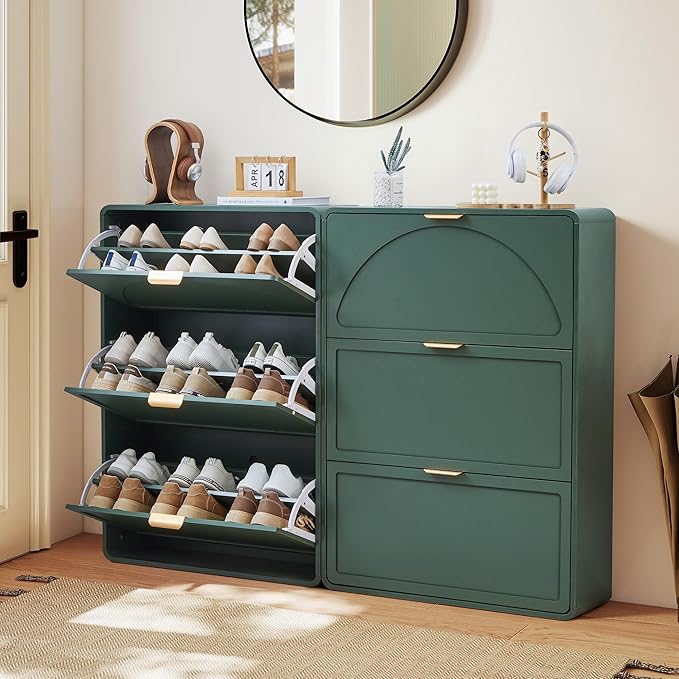 Narrow Hidden Shoe Organizer Cabinet Storage for Entryway, Modern Slim and Skinny Shoe Rack Cabinet with Flip Drawers for Entrance, Hallway - Green