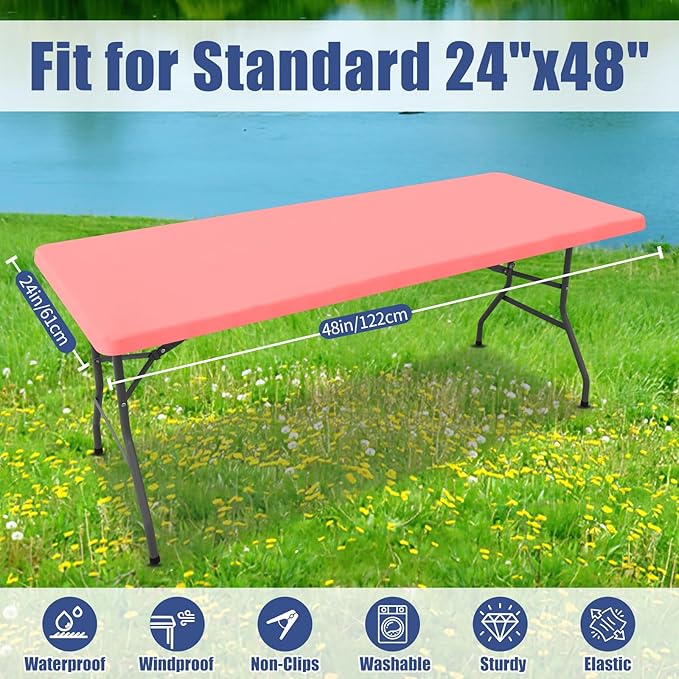 Spandex 4 Foot Rectangle Table Cloth 2 Pack, Elastic Fitted Tablecloths for Picnic, Stretch Washable Patio Table Cover for Outdoor, Camping, Banquet and Parties (Coral Red, 24"x48")