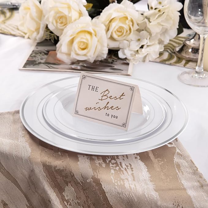 I00000 60pcs Silver Plastic Plates, Disposable Plastic Party Plates with White Silver Rim Heavy Duty Fancy Wedding Party Plates Include 30 Dinner Plates 10.25" and 30 Dessert Appetizer Plates 7.5"