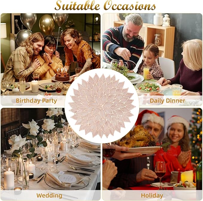 Placemats Set of 4, Round Hollow Out Flowers Place Mats for Dining Table Pressed Vinyl Blooming Leaf Table Mats for Holiday Party Wedding Accent Centerpiece Dinner Table Decoration (Rose Gold)