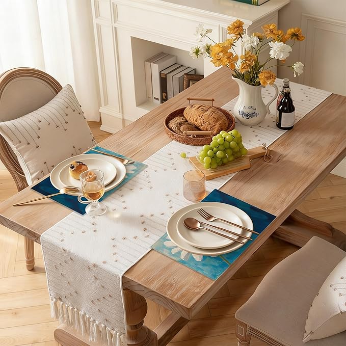 Table Placemats Set of 6, Waterproof Linen Fabric, Non-Slip Backing & Easy Clean, Elegant Dining Table Protectors for Family and Guests(Vintage Daisy Flower)