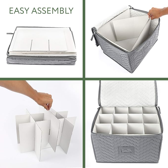 LotFancy Stemware Storage Container - Deluxe Quilted Storage Case with Dividers for 12 - Wine Glasses, Champagne Flutes, Glassware, Drinkware Storage Box Chest, 15.5"x12.5"x 10", Gray