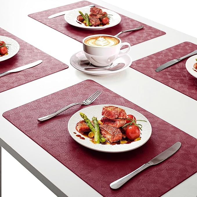 Vinyl Placemats Set of 12 Faux Leather 100% Waterproof Wipeable Washable Place Mats Heat Resistant Easy Clean Non-Slip Table Mats for Indoor Outdoor. (12,Red)