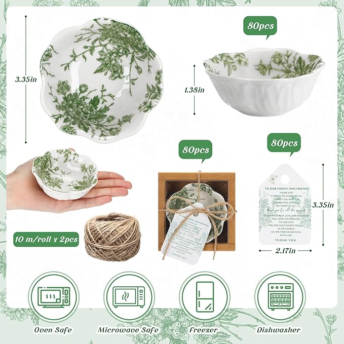 80 Pack Wedding Favors for Guests Small Ceramic Bowls Bulk Gifts Set 3.3 Inch Sage Green Verdure Design Mini Dipping Bowl Sauce Dish with Cards Box for Party Shower Favor Souvenir