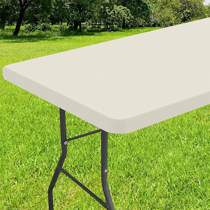 Smiry Rectangle Tablecloth, Elastic Fitted Flannel Backed Vinyl Tablecloths for 5ft Folding Tables, Waterproof Wipeable Table Covers for Indoor, Outdoor, Picnic and Camping (Beige, 36"x60")