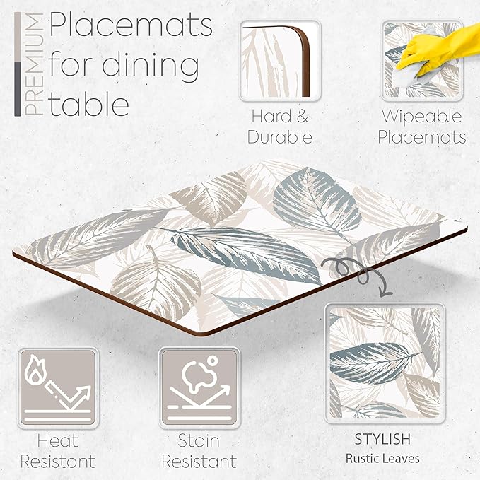 Set of 4 Heat Resistant Cork Placemats for Dining Table with Free Set of 4 Matching Drink Coasters Marble Design 16 x 12 Inches Cork Backed Hard Placemats (Farmhouse Rustic Leaves)