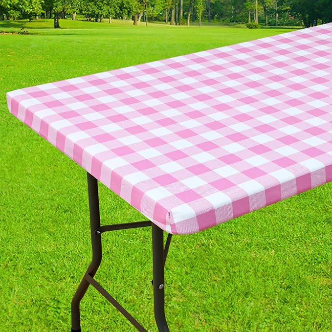 Smiry Rectangle Picnic Table Cloth, Elastic Waterproof Fitted Vinyl Tablecloths, Flannel Backed Buffalo Plaid Table Covers for Dining, Camping, Valentines (White and Pink, 30" x 72")