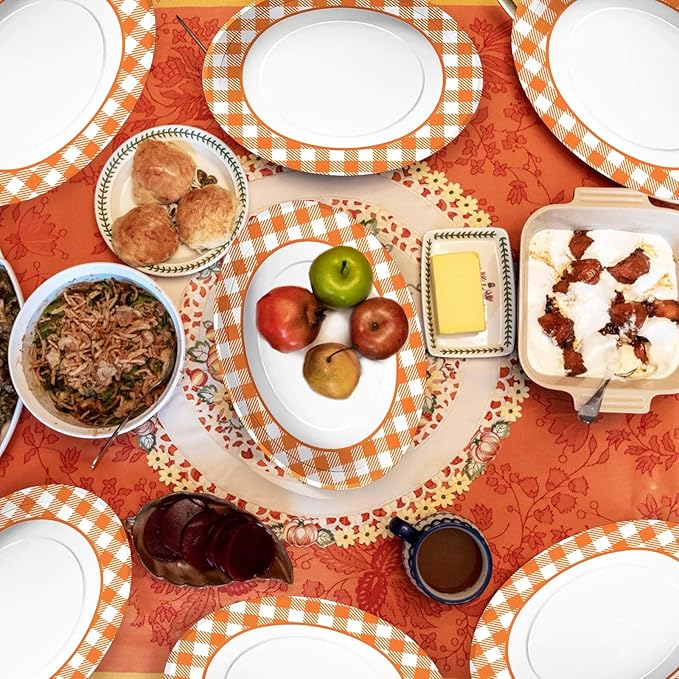 50pcs Fall Gingham Oval Paper Plates 10" x 12" Large Disposable Heavy Duty Orange & White Buffalo Checked Plaid Platters Thanksgiving Dessert Plates for Fall Harvest Themed Party Supplies Table Decor