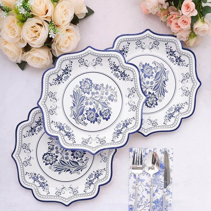 50 Pack 10" Light Blue French Toile Dinner Plates, Disposable Round Paper Party Plates 300 GSM for Festive Table Decoration