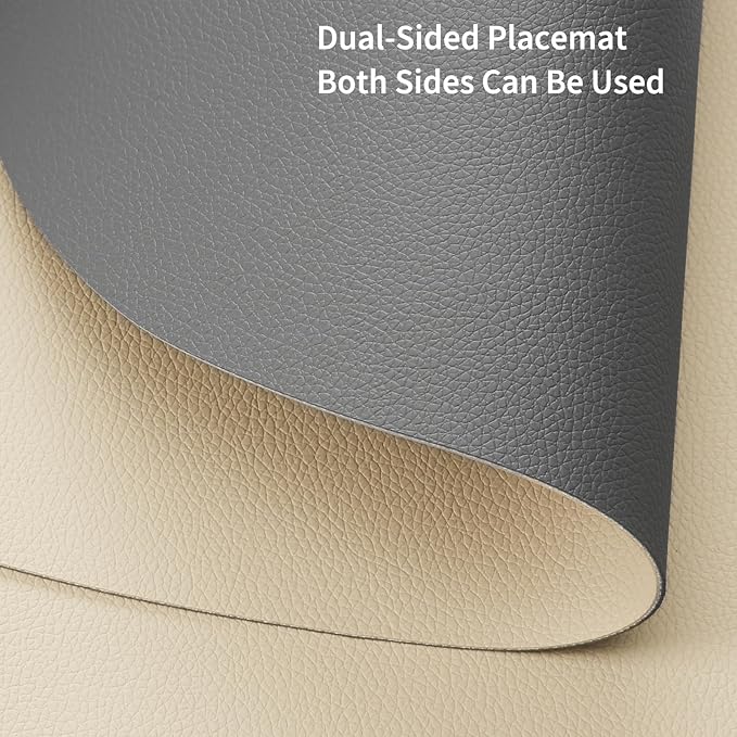 Myir JUN Round Placemats Set of 4 Faux Leather Place Mats and Coasters 15 inch Round Table Mats Dual Sided Non-Slip Stain Resistant Placemats (Gray & Wheat, Set of 4)