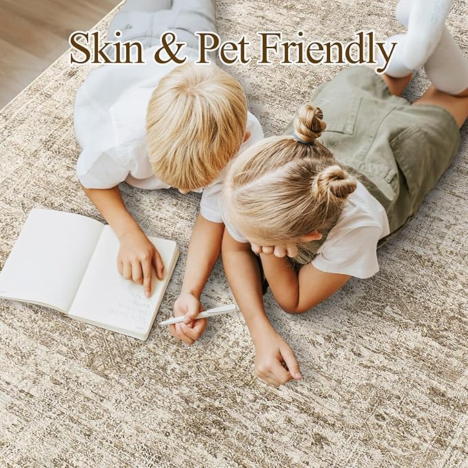 5x7 Area Rugs Brown Low Pile Indoor Washable Trendy Faded Style Rugs for Bedroom Living Room Dining Room Foldable Non-Slip Thin Print Mat