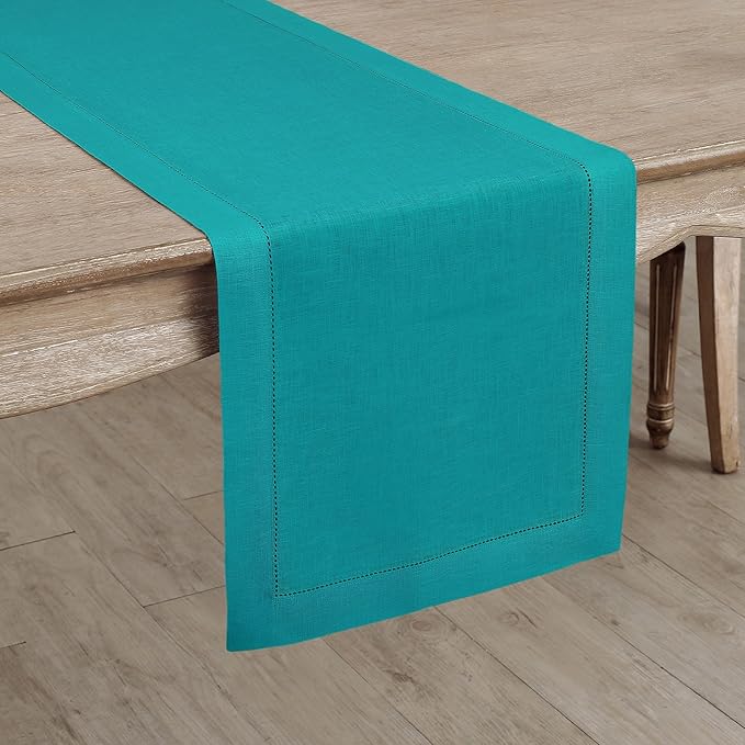 Solino Home Linen Hemstitch Table Runner 90 Inches Long - 100% Pure Linen Teal Table Runner 14 x 90 Inch - Classic Hemstitch