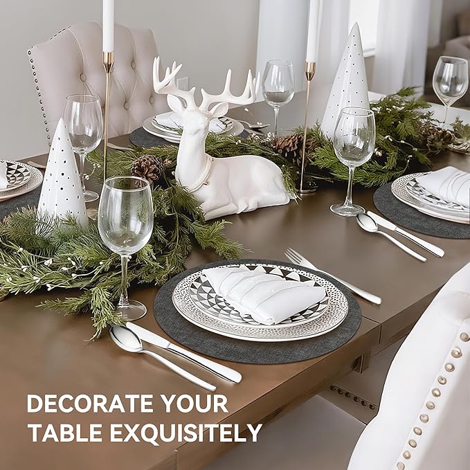 13"Round Placemats Set of 6, Reversible Faux Leather Heat Resistant Table Mats, 100% Waterproof Oilproof Wipeable Table Protective Placemats for Vinyl, Washable for Indoor & Outdoor Use (6, Deep Gray)