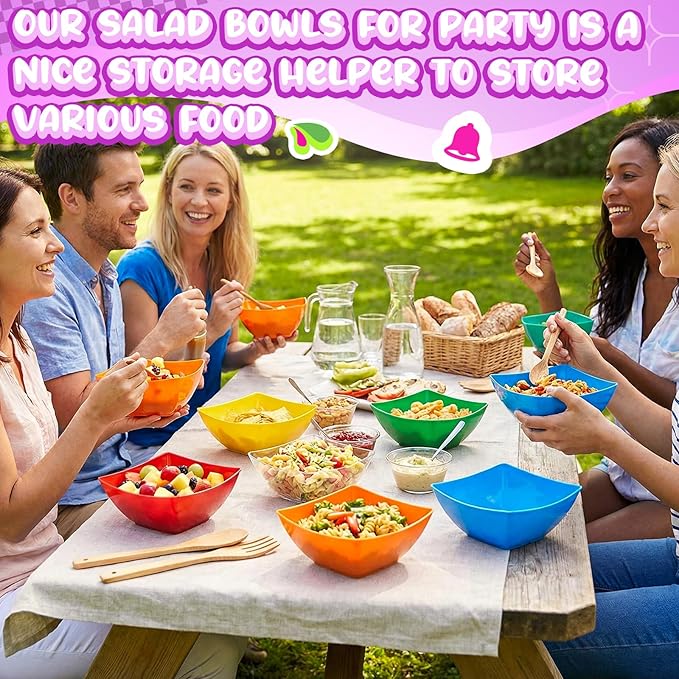 Tanlade 50 Pcs Square Plastic Serving Bowls Disposable Snack Salad Bowl Small Party Candy Bar Containers Taco Bar Serving Dishes for Buffet Chips Fruit (8 oz,Rainbow Colors)