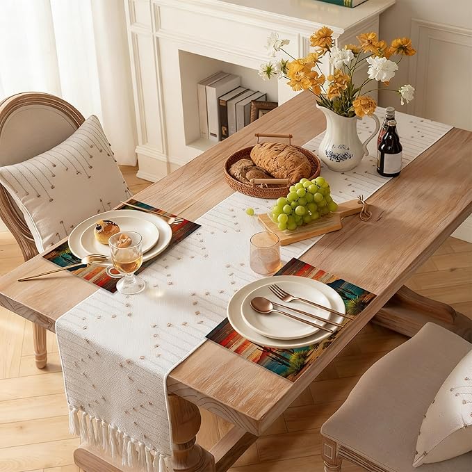 Table Placemats Set of 6, Waterproof Linen Fabric, Non-Slip Backing & Easy Clean, Elegant Dining Table Protectors for Family and Guests (Boho Cactus)
