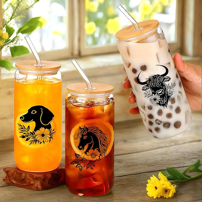 Cute Dachshund Glass Cup With Lids And Straws, Dachshund Gift For Women, Iced, Coffee, Smoothie, Cocktail, Beer, Whiskey, Soda, Matcha,16 Oz, Home Office Table Desk Decoration!