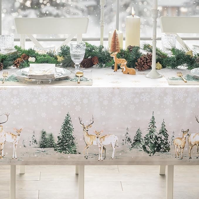 Maison d' Hermine Table Cloth Rectangle Table 100% Cotton 60 x 108 Inches Fall Tablecloth Reusable Everyday Use for Thanksgiving Christmas Decorations Dining Farmhouse Party (Deer in The Woods)