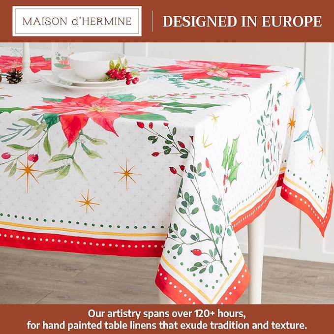Maison d' Hermine Table Cloth Rectangle Table 100% Cotton 60 x 90 Inches Fall Tablecloth Reusable Everyday Use for Thanksgiving Christmas Decorations Dining Farmhouse Party (Poinsettia Christmas)