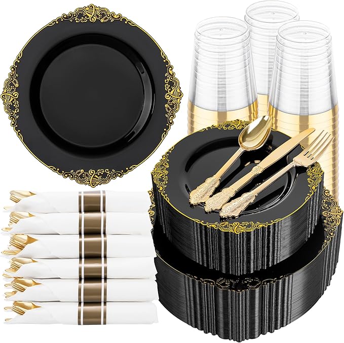 Hioasis 350pcs Black and Gold Plates - Black Party Plates for 50 Guest, Include 100 Heavy-duty Plates(20% Thicker Than Standard), 50 Pre Rolled Gold Plastic Silverware Set, 50 Cups