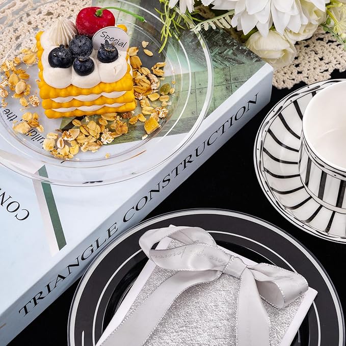 I00000 100Pcs Clear Silver Plastic Plates,Silver Rim Plates 7 Inch,Heavy Duty Premium Clear Dish for Wedding Party Supplies for Salad Dessert Cake