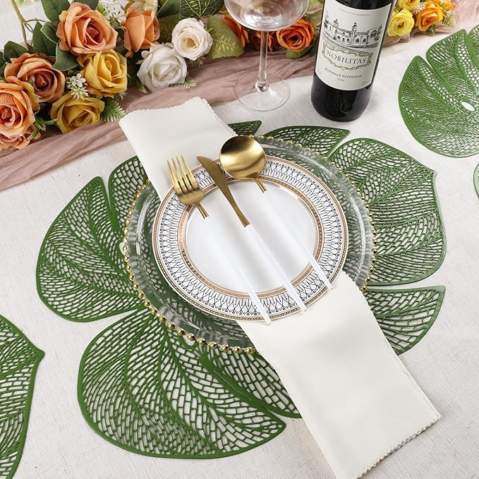 Evevda Green Leaf Shaped Vinyl Placemats for Dinner Table Set of 4 Plastic Green Place Mats Wipeable 6Pcs Table Mats for Wedding Annersary Dinner Table Decoration Mats