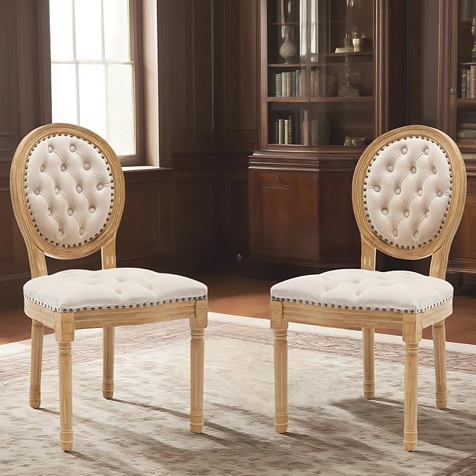 SoarFlash French Velvet Dining Chairs Set of 6, Vantage Dining Chair with Round Back, Wood Leg Farmhouse Country Dining Chair for Kitchen,Bedroom,Beige