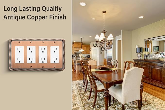 Henne Bery Rope Edge Decorative Wall Plate Switch Plate Outlet Cover (Quad Decorator, Antique Copper)