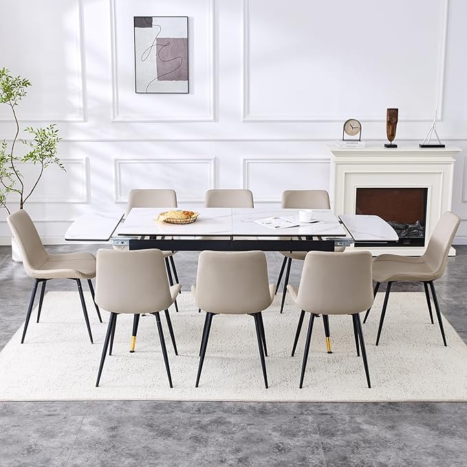 Extendable Dining Table Set for 8, 55'' to 78.8'' Rectangular Thickened Sintered Stone Kitchen Table with 8 Upholstered Chairs, Modern Space Saving 9-Piece Dinner Table Set
