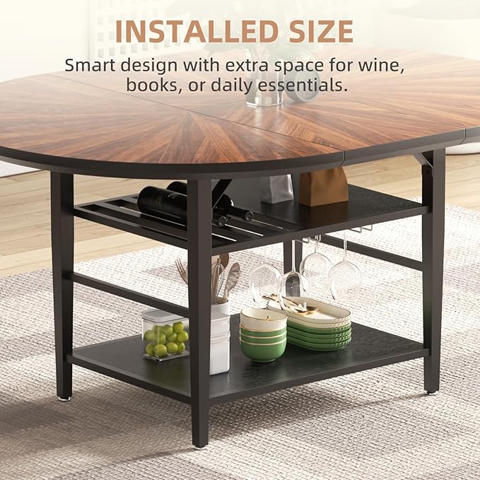 VFK 47.2"-63" Extendable Round Dining Table Set for 4–6, Solid Wood & Metal Table with Wine Rack Storage Shelf, Walnut Kitchen Furniture with 4 Upholstered Chairs (Storage Table and 4 Black Chairs)