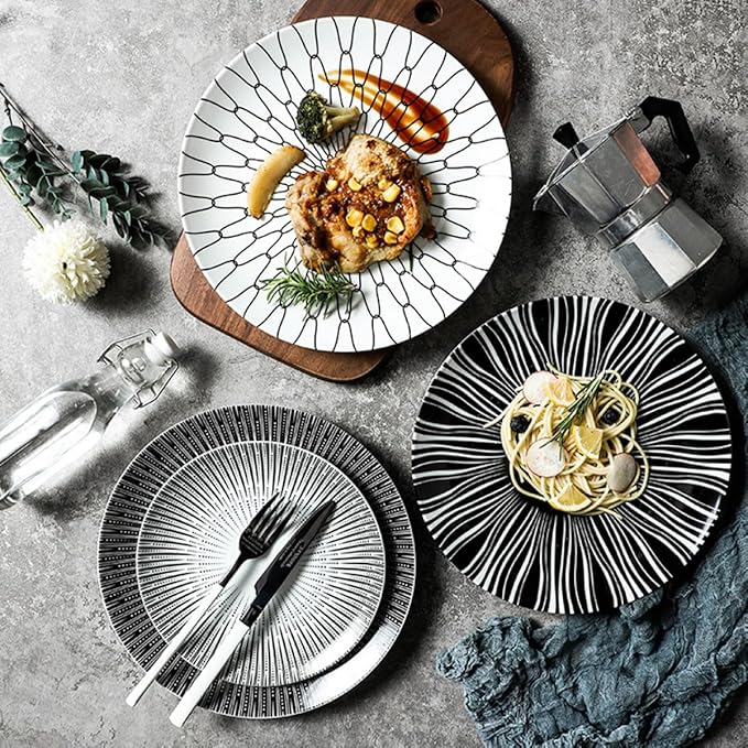 PRETYZOOM Nordic Style 10-inch Ceramic Dinner Plate with Black Striped Pattern, Western Pasta and Dessert Plate for Restaurant and Home Serving