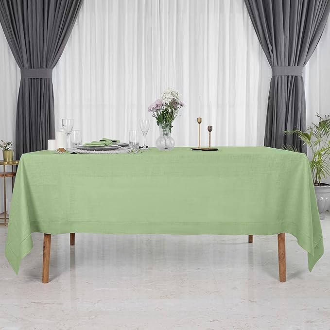 D'Moksha Homes Sage Green Linen Tablecloth 60 x 156 Inch - 100% Pure Linen Green Tablecloth for Rectangle Tables - Classic Hemstitch, Machine Washable Table Cloth for Spring, St Patricks Day, Easter